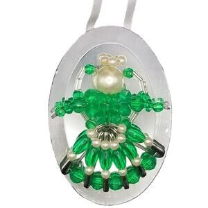 Vintage Beaded Angel Ornament on Mirror 3" Pearl Handmade with Safety Pins Green